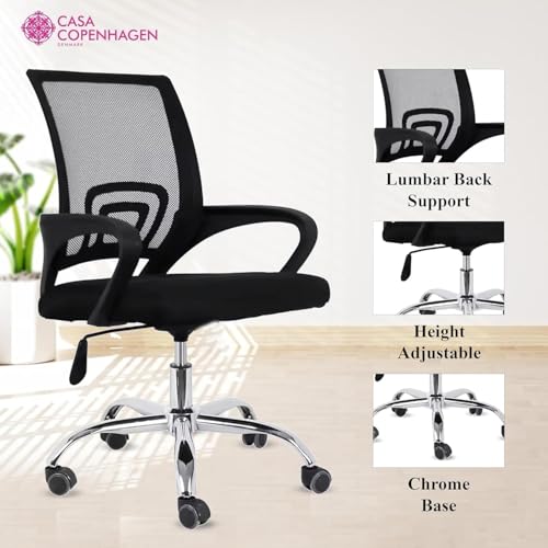 Image of Casa Copenhagen Mesh Mid Back Office /Study /Computer /Revolving /Desk Chair for Work from Home -Metal Base, Height Adjustable Seat - Black & Black Handle
