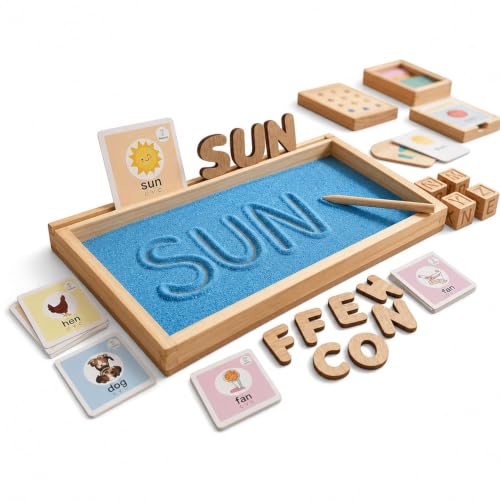 Image of Tantrums Wooden Alphabet Montessori Educational Toy | Sensory Play & Learn Kit | CVC Flash Cards, Movable Letters, Writing Tray | Early Literacy | Ages 3+ (Blue)