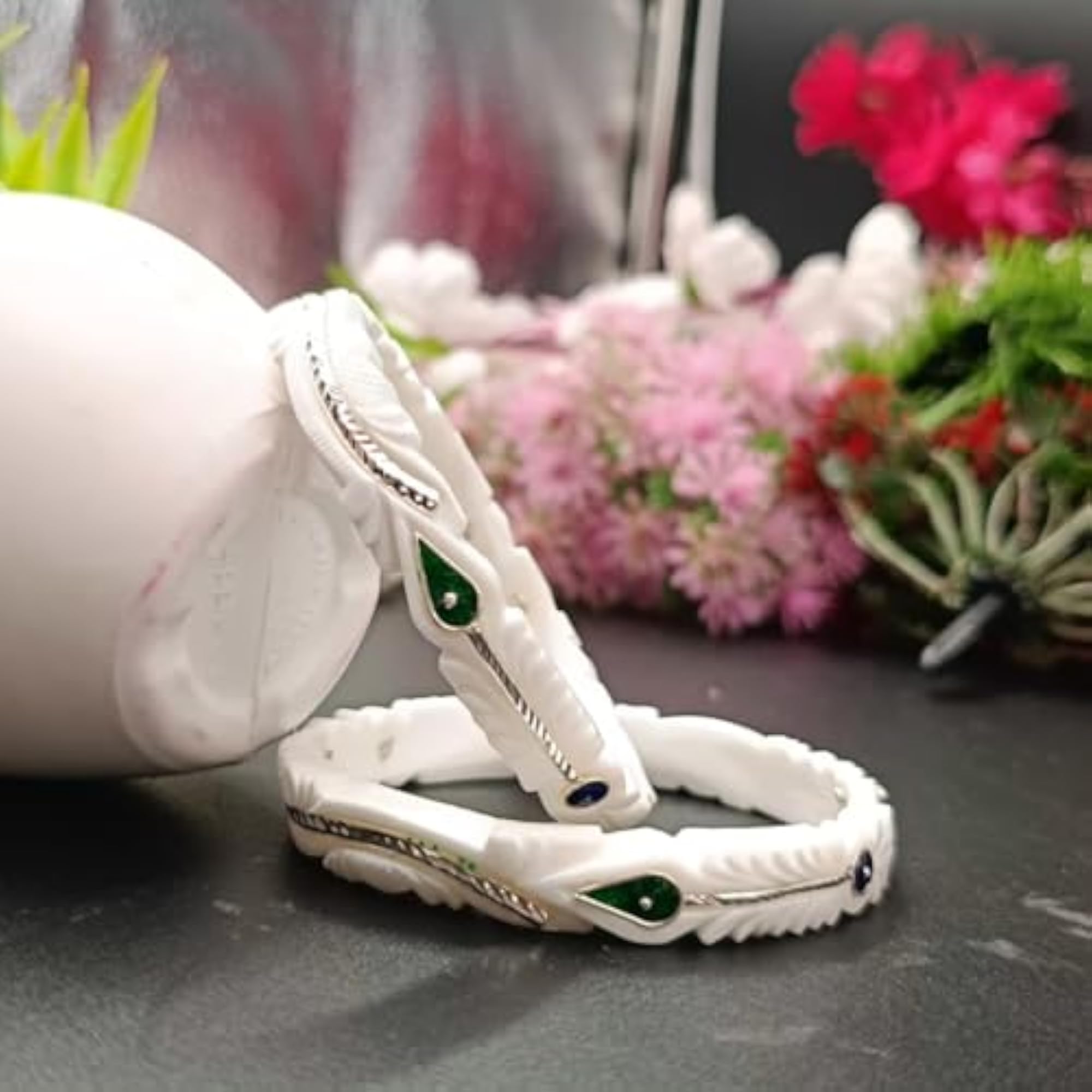 Women's Traditional Silver White Bangles with Green and Blue Leaf Motif, Velvet Box Gift