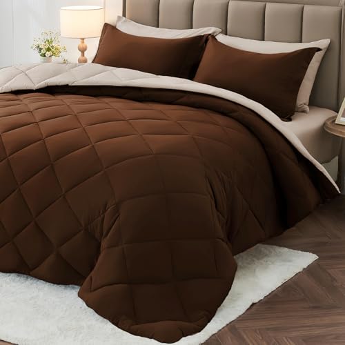 MUXHOMO 7 Pieces Queen Comforter Set, Reversible Bed in a Bag Queen Size, All Season Bedding Set with Comforter, Flat Sheet, Fitted Sheet, Pillowcases & Shams, Brown & Khaki