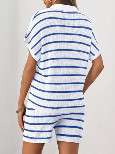 Image of Tankaneo Womens 2 Piece Outfits Striped Knit Summer Sets V Neck Short Sleeve Tops and Shorts Lounge Matching Set
