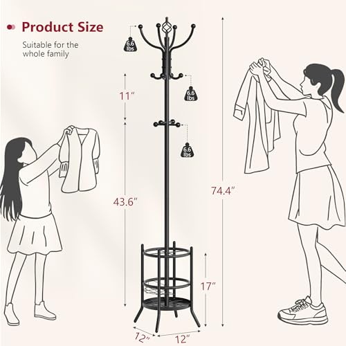 Tajsoon Coat Rack Stand with Umbrella Holder, Coat Tree Freestanding with 16 Hooks, Coat Hangers Stand for Living Room, Bedroom, Office, Black - Image 4