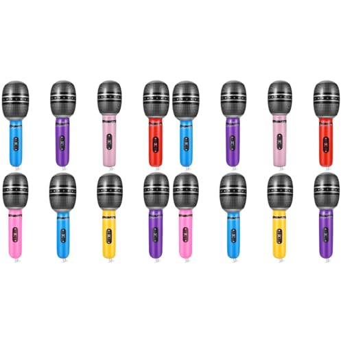LOGOFUN 16 pcs Inflatable Microphones Props Plastic Microphones Model Colorful Blow up Microphones for Musical Concert Themed Party Birthday Party Decoration - 25CM