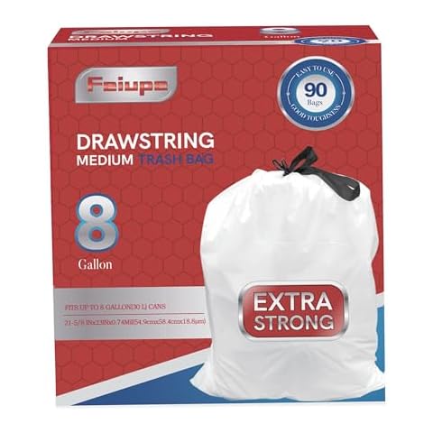 Feiupe 8 Gallon Drawstring Trash Bag Garbage Bag Trash Can Liner,0.74 Mil,90 Counts Cover