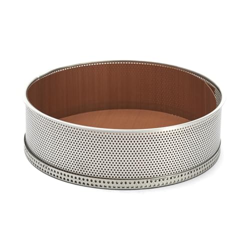 De Buyer - Moule rond à manqué à fond amovible en inox perforé (2 feuilles de cuisson inclues) - Diamètre 24 cm -, Argent