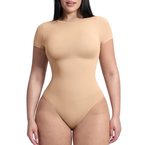 FeelinGirl Shapewear Bodysuit Short Sleeve Body Suit Mock Neck Bodysuits Plus Size Body Suits T Shirts Warm Sand 3X-Large-4X-Large