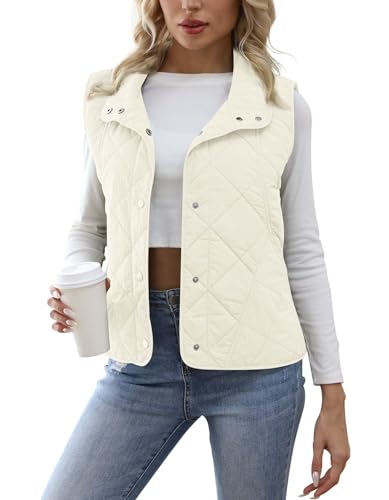 PEKMRMN Beige Quilted Vest for Women Lightweight Sleevesless Stand Collar Button Down Fall Winter Padded Gilet with Pockets (L)
