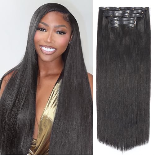 LUVME HAIR Seamless Yaki Straight Clip in Human Hair Extensions Fullness with 1 Pack, Natural Black 18 Inch 135g 9pcs, Clip in Hair Extensions Yaki Straight Thick Natural Invisible Hair
