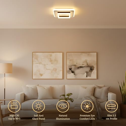 Image of LED Ceiling Light | 50 Watts | >95 CRI Eye Comfort Lighting | 3-Color Mode Anti-Glare Panel for Living Room, Bedroom & Office (Square Ceiling Light)