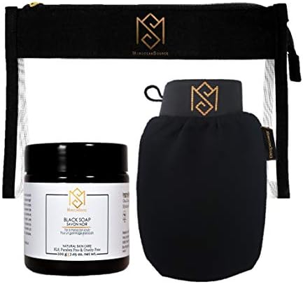 MS Moroccan Black Soap and Exfoliating Glove Kit for Body Scrub - Dead Skin Remover And Deep Pore Cleanser - incl. 1 Moroccan Black Soap (Olive Based), 1 Exfoliating Glove (Kessa mitt) and 1 Toiletry Bag - by MoroccanSource
