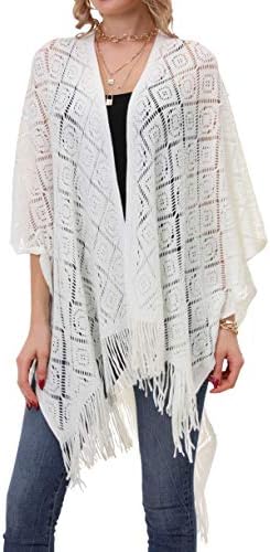 Knit Shawl Wrap for Women - Soul Young Ladies Fringe Knitted Poncho Cardigan Cape(One Size,Cream White Block)