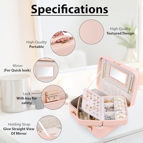 Image of BUCKETLIST PU Leather Jewellery Organizer Box with Mirror & Necklace Hooks | Large Multi-Compartment Jewelry Storage Case with Removable Tray & Mini Travel Box (Luxury Jewelry Box with Mirror (Pink))