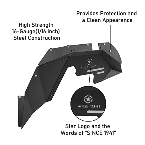 Hooke Road Inner Fender Liners Front Wheel Well Liners For 2007-2018 Jeep Wrangler Jk & Unlimited Sport Sahara Rubicon 2/4 Doors (Black Steel) #TOP3