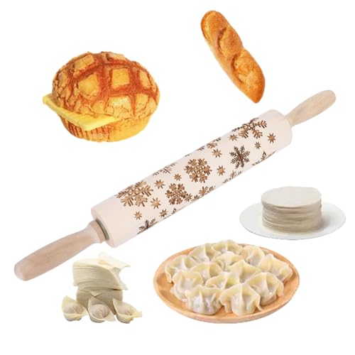 Topyond Embossed Rolling Pin, Wooden Baking Tool with Snowflake Pattern, Beechwood Dough Roller for Cookies, Pizza, Fondant, Holiday Baking Accessories