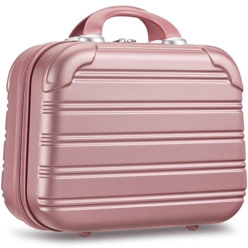 Noverlife 14in Hard Shell Makeup Travel Case, Portable Cosmetic Train Case with Elastic Band, Pressure-proof ABS Carrying Makeup Suitcase, Cosmetic Travel Hand Luggage Bag Organizer - Rose Gold