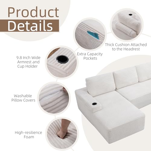 Image of 104 inch L Shaped Boneless Sectional Couches for Living Room, Comfy Corduroy Floor Cloud Sofa with Chaise and Cup Holder, Wide Armrest, Deep Seat, Assembly Free, Ideal for Small Spaces, Beige