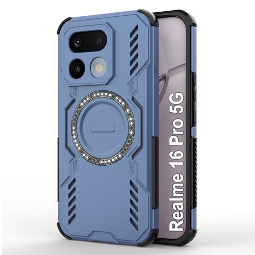 Image of amazon basics Back Case Cover for Realme 16 Pro 5G | Magnetic Case with Built-in Metal Ring | Supports MagSafe Charger, Wallet & Car Mount | Shockproof Hybrid PC + TPU | Blue