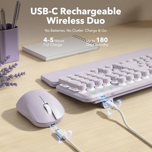 Image of Wireless Keyboard and Mouse Combo, Backlit Round Keycaps, Retro Typewriter Keyboard with Magnetic Wrist Rest, USB-C Rechargeable & Tilt Legs, 2.4GHz Cordless for Mac Windows PC (Glowing Pastel Purple)