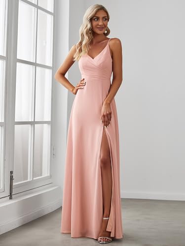 Image of Ever-Pretty Women's Summer Backless Spaghetti Straps Bridesmaid Dresses Chiffon V-Neck Slit Long Formal Wedding Guest Dress