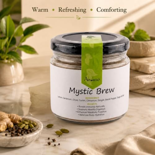 Image of Arouse Mystic Brew Instant Herbal Tea 100g | Instant Wellness Drink Mix | Lemon, Ginger, Cardamom & Spice Blend | Caffeine-Free | Just Add Hot Water | Digestive Herbal Beverage