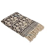 OMKARA OVERSEAS Floral Block Print Throw Blanket with Tassels, Black and Beige, Cotton Traditional Design (Twin 60X90 inches)