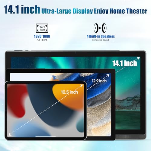 MESWAO Tableta Android 12, Tablet de 14.1 Pulgadas con Pantalla IPS HD de 1920x1080, 6 GB/128 GB, 2.4 G/5G WiFi, Batería de 10000 mAh – Ideal para productividad, Entretenimiento y educación(Gris)