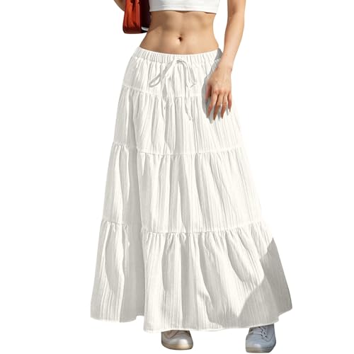Maxi Skirts for Women Boho White Skirt Fashion Tiered Pleated A-line Long Dress Flowy Elastic Waist Drawstring Skirts2