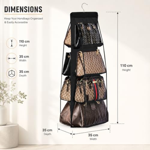 Image of Hanging Organiser, 8 Pocket Handbag Purse Organizer for Closet & Wardrobe, Foldable Washable Storage with Clear PVC Pockets, Black (110x35x35 cm)