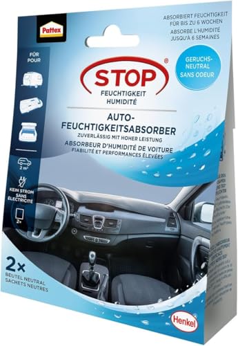 Pattex STOP Feuchtigkeit Auto-Feuchtigkeitsabsorber – Auto Luftentfeuchter für Auto, Schrank und kleine Räume, Entfeuchter gegen Feuchtigkeit und Schimmel, 2x50g Beutel
