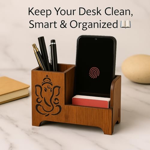 Image of DivineCraftedArt Handcrafted Wooden Pen Holder & Mobile Stand | Desk Organizer for Office, Home & Study Table | Pen Pencil Stand with Card Holder (6.75x3.75x2.5 Inch) (Blessing Ganesha)
