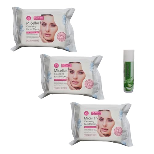 Beauty Formula Micellar Cleansing Facial Wipes 3x 25 = 75 Wipes For Sensitive Skin Fragrance Free With Free Aloe Vera Lip Balm