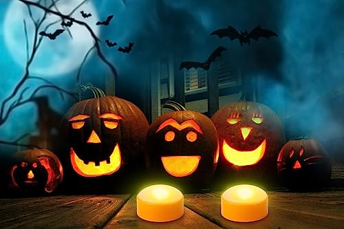 Image of 2 Pack Flameless Halloween LED Pumpkin Lights with Remote and Timer | Flickering orange Jack-O-Lantern lights. Battery operated electric Halloween candles for indoor outdoor pumpkin decorations