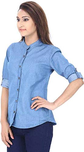 Image of FUNDAY FASHION Women's Denim Blend Casual Mandarin Collar Regular Fit Shirt