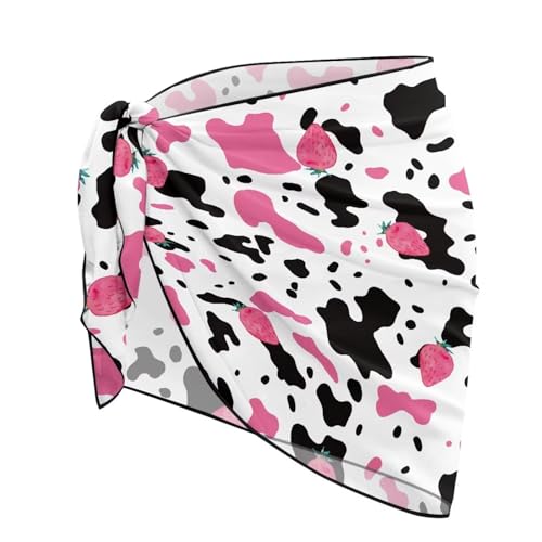 doginthehole Strawberry Cow Swimwear Chiffon Pareo Beach Cover Up Bikini Wrap Skirt for Women Girl Cute Summer Vacation Swim Sarong for Beach Pool Party