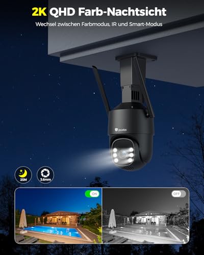 Ctronics 4G LTE Überwachungskamera Aussen mit SIM Karte, 2K PTZ IP Kamera Outdoor Ohne WLAN, KI Menschenerkennung & Auto-Tracking, 24/7 Aufzeichnung, FarbNachtsicht, PC/Cloud/TF/FTP, IP66