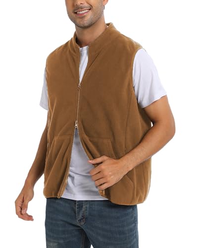 Argstar Men's Fleece Vest with Zipper Pockets, Full-Zip Casual Lightweight Sleeveless Outerwear Gilet Khaki XL