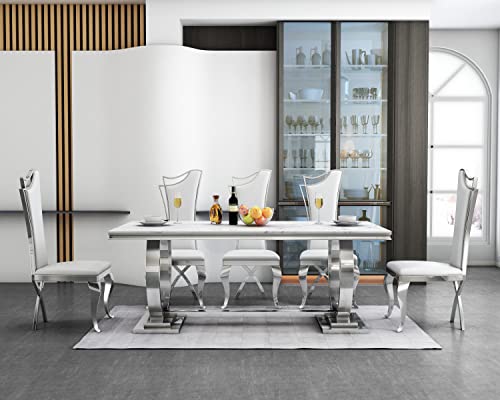 Modern White Silver Faux Marble Dining Table, Rectangular Faux Marble