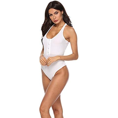YSJERA Women's Sexy One Piece Bodycon Sleeveless Tank Top Button Down Bodysuits Jumpsuits (M,White) Cover