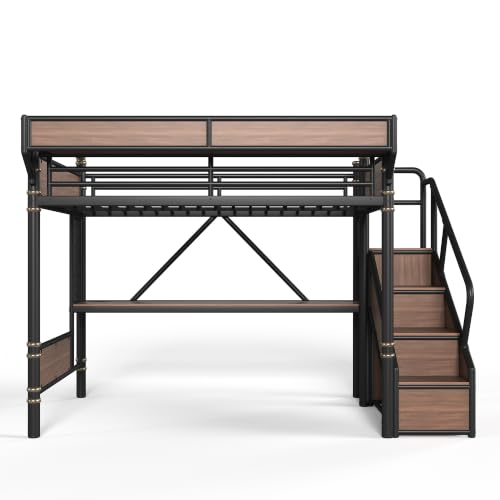 Image of Bellemave Queen loft Bed with Storage Stairs, Wardrobe, Shelves, Metal Queen Loft Bed Frame for Adults, Kids, Teens, Black+Natural Wood with Black Stairs