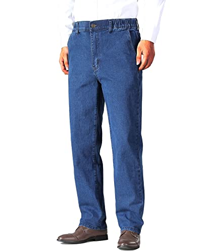 Soojun Mens Elastic Waist Jeans Relaxed Fit with Zipper and Button, Blue, 36W x 28L