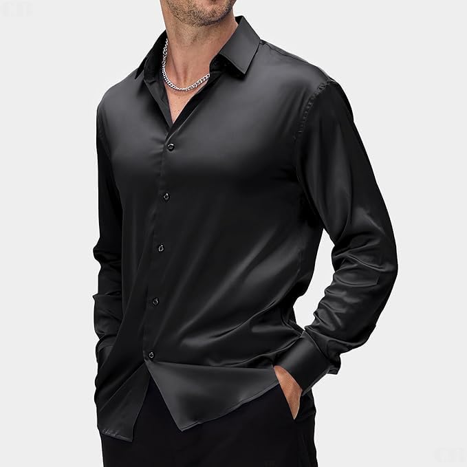 Image of CB-COLEBROOK Mens Stylish Solid Silk Satin Casual Dress Shirts for Men Shiny Long Sleeve Button Down Shirt Party Prom Wedding Shirt for Mens