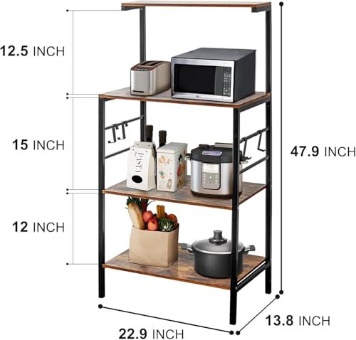 رف خبازين للمطبخ من ماستيل كيتشن، رف تخزين للمطبخ من 4 طبقات، عربة ميكروويف للقهوة والميكروويف مع 4 خطافات، رفوف للخبازين للمطابخ مع مساحة تخزين (بني ريفي)