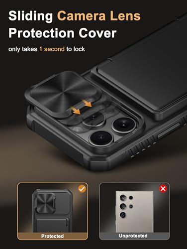 Image of Vihibii for iPhone 16 Pro Case with [2X Screen Protector], Built-in Card Holder (4 Cards), [RFID Blocking] & Slide Camera Cover & Tempered Glass Films, Rugged Wallet Cover for 16 Pro 6.3 inch 2024, Black