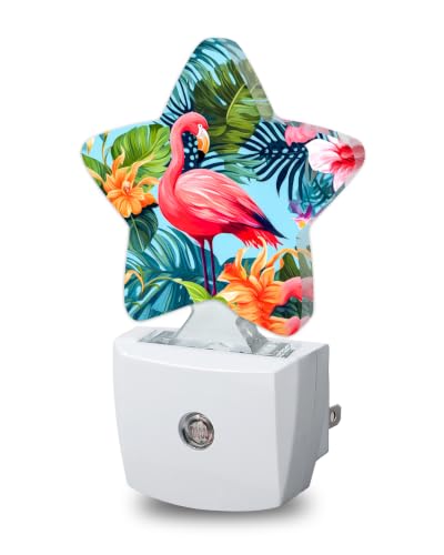 Image of Star Night Light Plug in, Tropical Flamingo Dusk to Dawn Sensor Night Light, Soft Glow Lamp for Kids Bedroom Nursery Hallway Bathroom, Energy Saving Compact Design