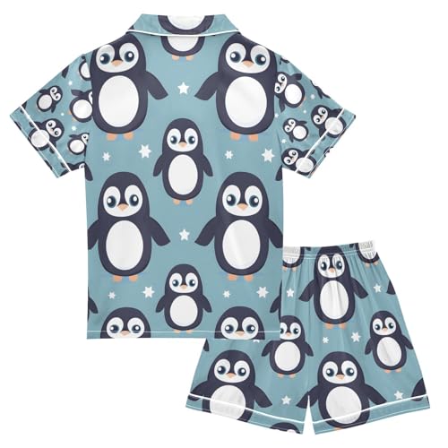 Cute Fat Penguin Satin Summer Pajama Sets Silk Short Sleeve Button Down Sleepwear2