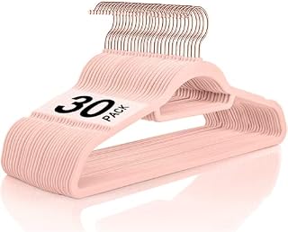AVOS-DEALS-GLOBAL - 30 Hangers, Velvet Hangers, Suit Hangers, Non-Slip Velvet Hangers with Tie Bar, Space Saving Clothes Hangers, Heavy Duty Closet Felt Hangers, 45cm, Rose Gold Swivel Hook (Pink)