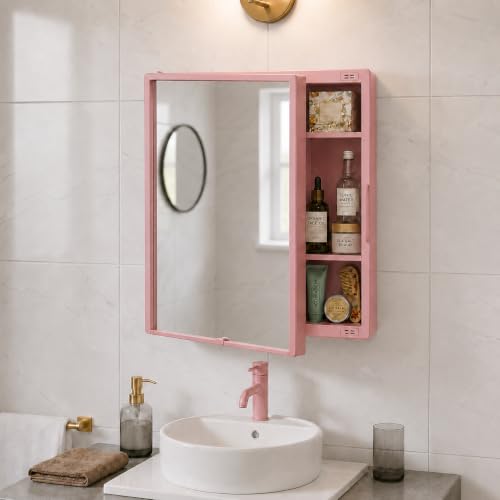 Image of BRANCO New Rich Look Bathroom Organizer Cabinet | Mirror with Shelf | 4 Shelves Storage Organizer | Wall Mounted Cabinet | for Home /Kitchen /Toilet (BRC-931) (Pink)
