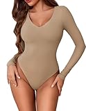 Avidlove Body Suit V Neck Khaki Long Sleeve Bodysuit Women Bodysuit Snatched Body Suits Thong Bodysuits Basic(Khaki,M)
