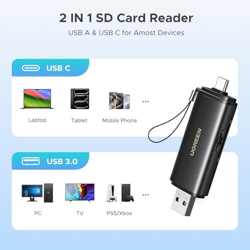 Image of UGREEN SD 4.0 312 MB /s Memory Card Reader Aluminium USB 3.0 USB C Dual Connector SD Card Adapter Compatible with iPhone 16 /Android /Windows /macOS