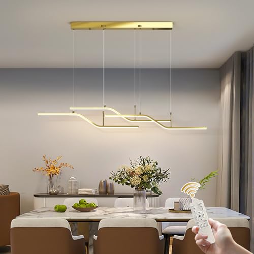 Ganeed Modern Pendant Light, 3-Color Dimmable LED Chandelier, Linear Wave Pendant Lamp with Remote, Gold Flush Mount Ceiling Light Fixture for Kitchen Island Dining Room